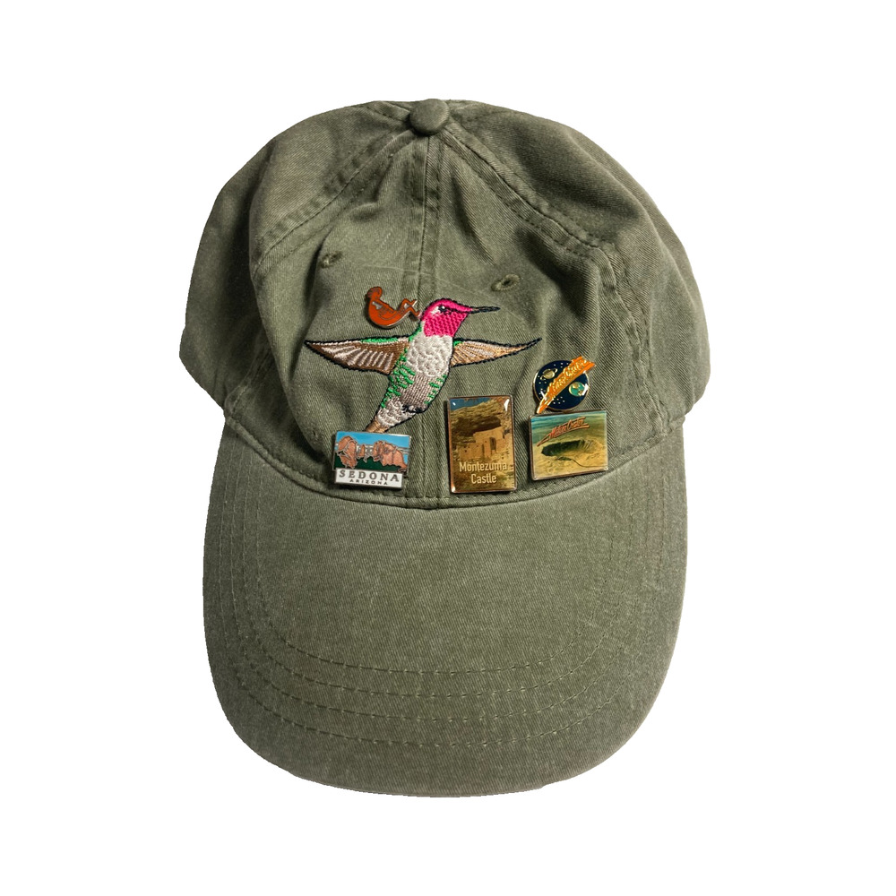 Montezuma Castle green hat embroidered bird and 5 pins